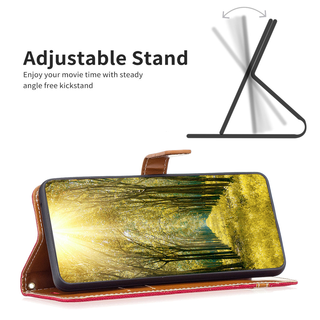 Uniqkart for iPhone 15 Jeans Cloth Splicing PU Leather + TPU Phone Case Wallet Stand Anti-scratch Cover - Red Uniqkart for iPhone 15 Jeans Cloth Splicing PU Leather + TPU Phone Case Wallet Stand Anti-scratch Cover - Red